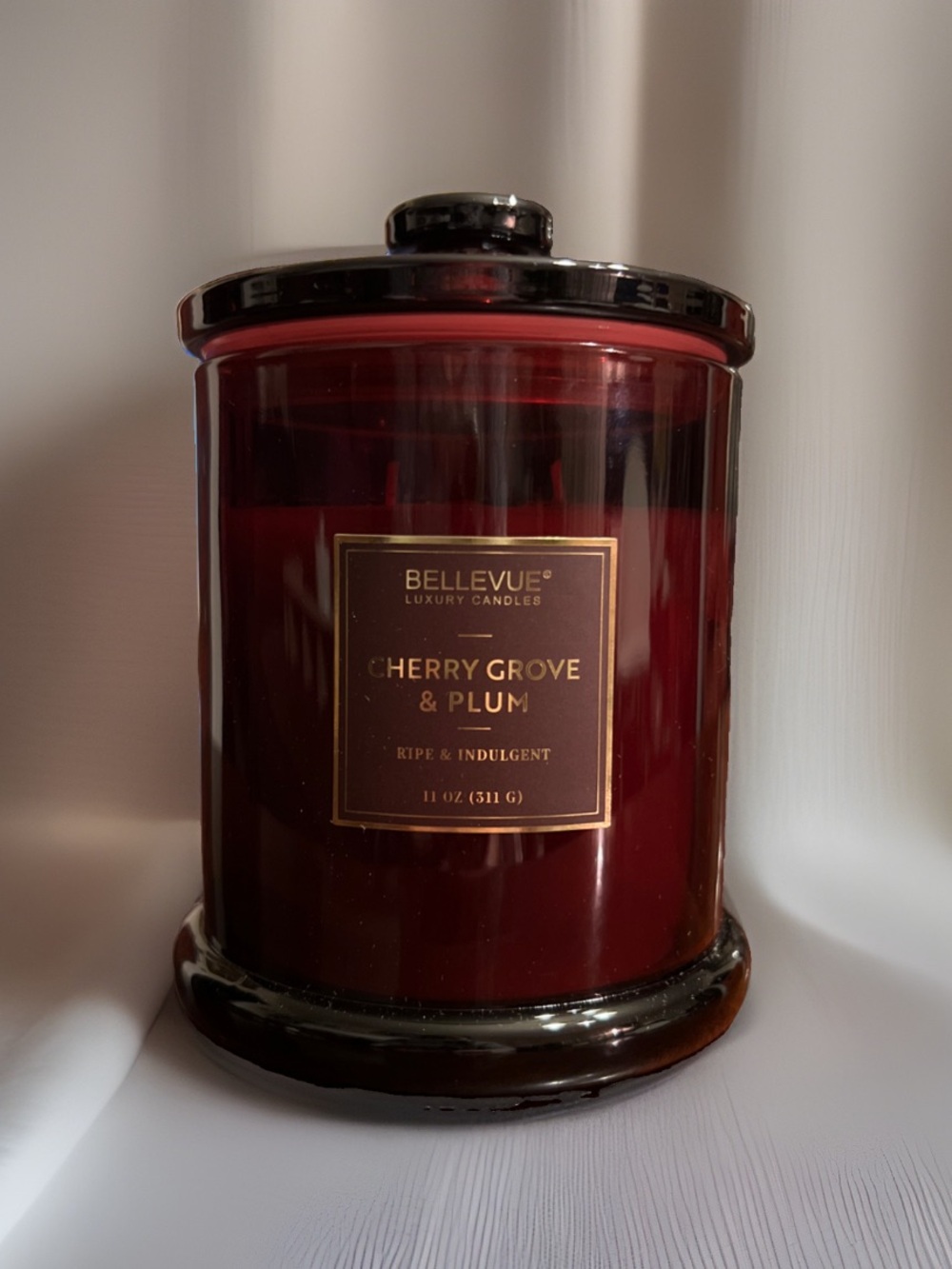BELLEVUE CHERRY GROVE AND PLUM LUXURY SOY BLEND CANDLE IN COVERED GLASS JAR